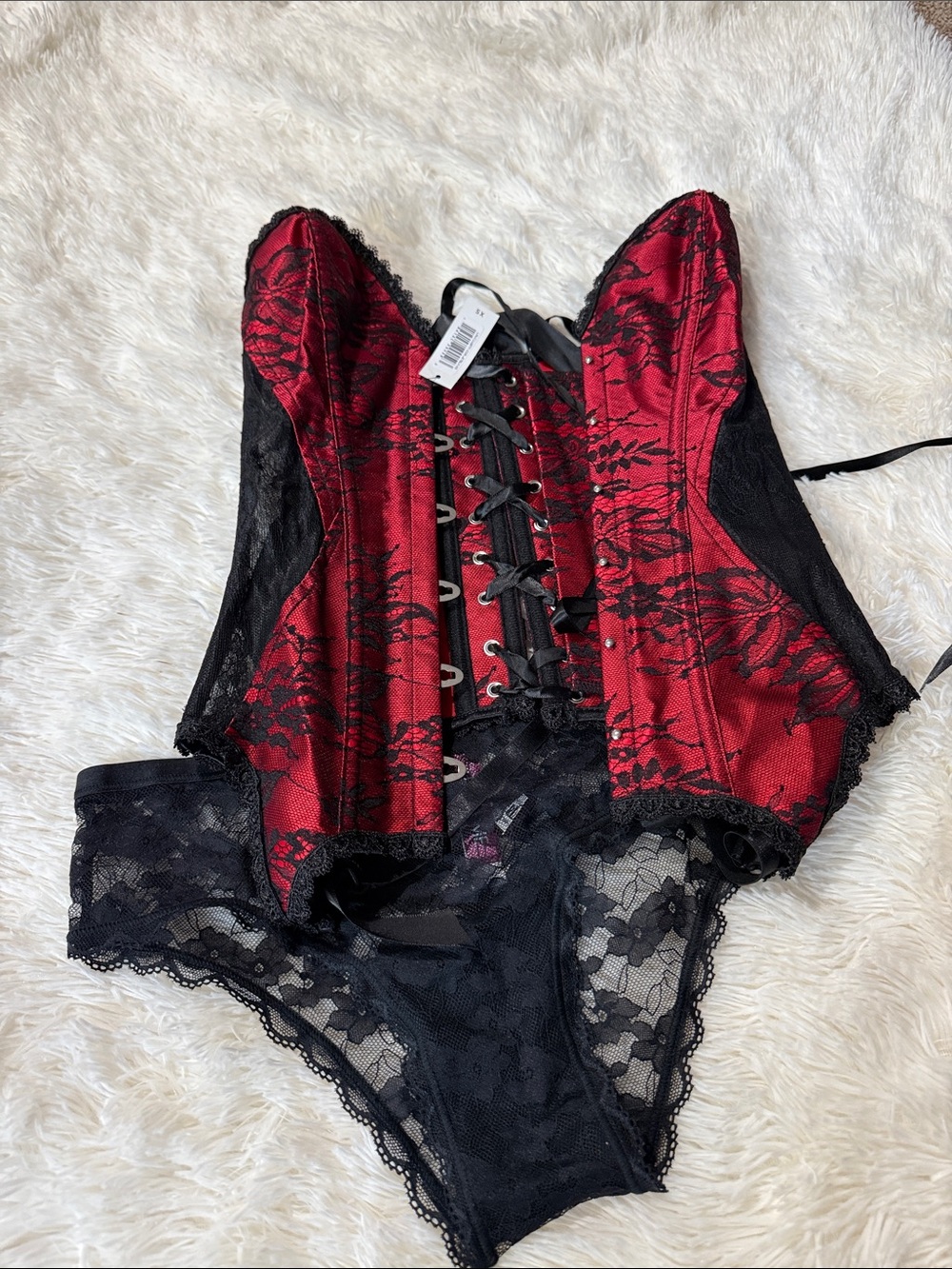 Adore Me Red and Black Lace Corset Bustier with Matching Lace Briefs